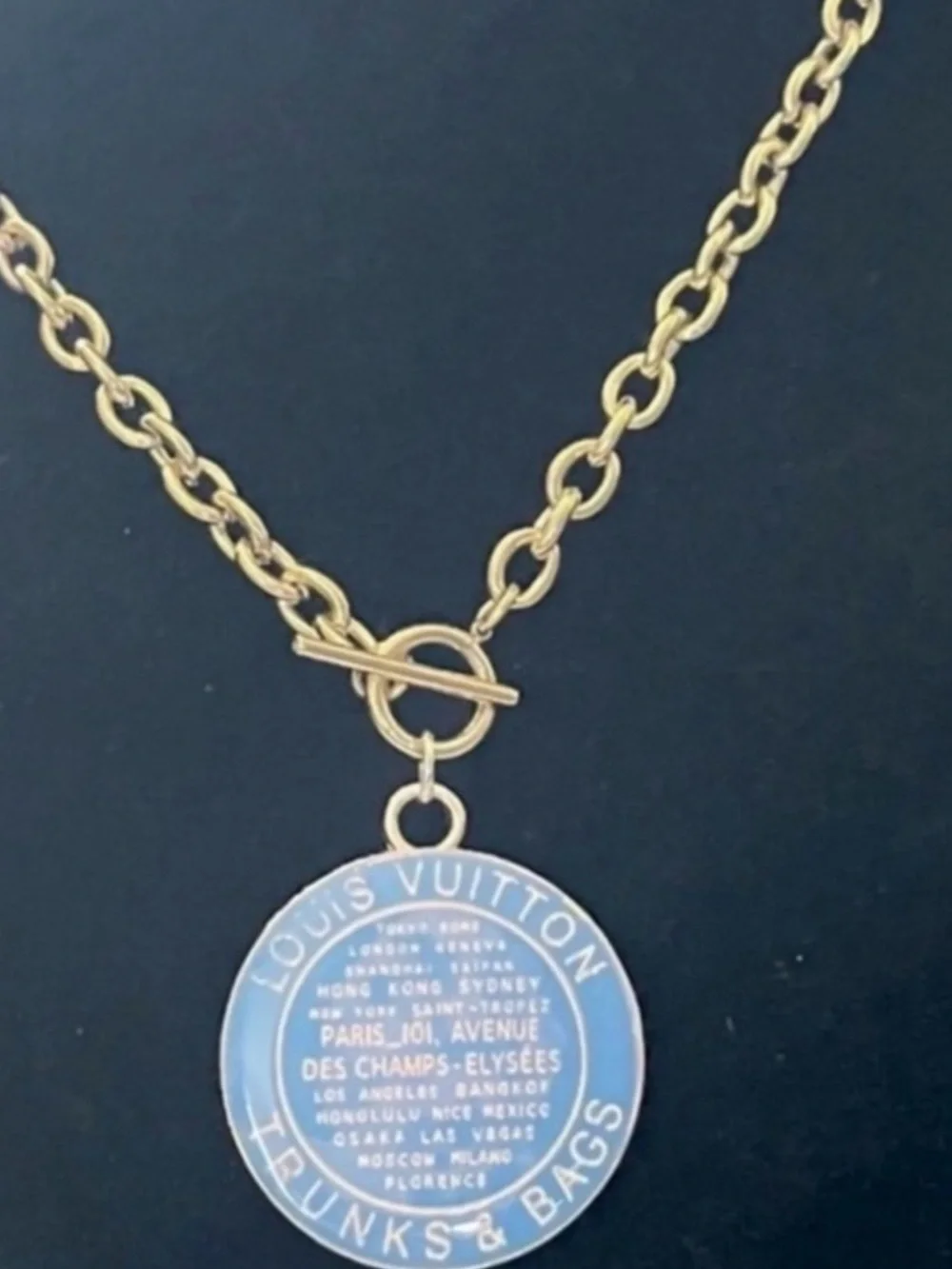 Louis Vuitton Gold Chain Necklace with Blue Medallion